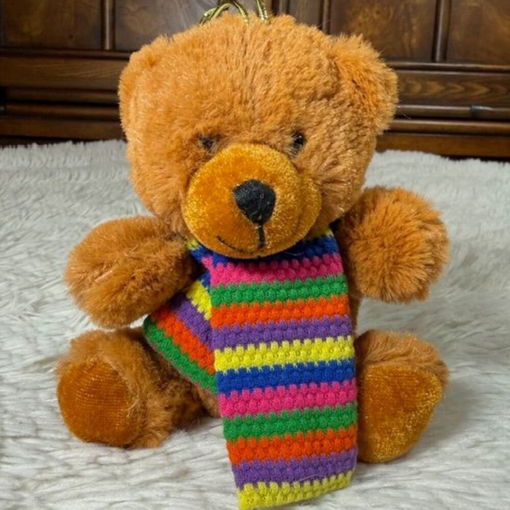 Vintage Hugfun Int'l Cinnamon Brown Multi Color Stripe Scarf Plush Bear Ornament